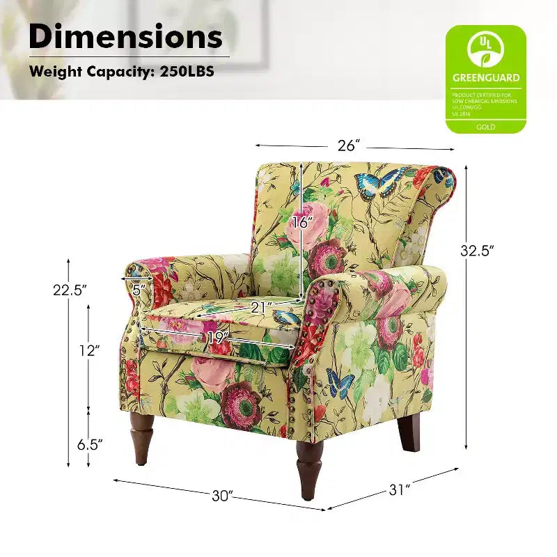 Araceli traditionele houten fauteuil met bloemenstof, hoge rugleuning met vleugels en siernagels| ART OF LIVING DESIGNS