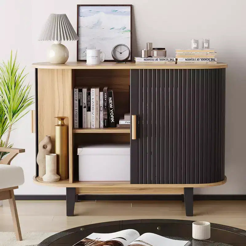 40' geripptes Sideboard, Stauraumschrank mit Schiebetür und verstellbarem Einlegeboden, moderne Anrichte, Stauraumschränke, Rolltür-Bartisch