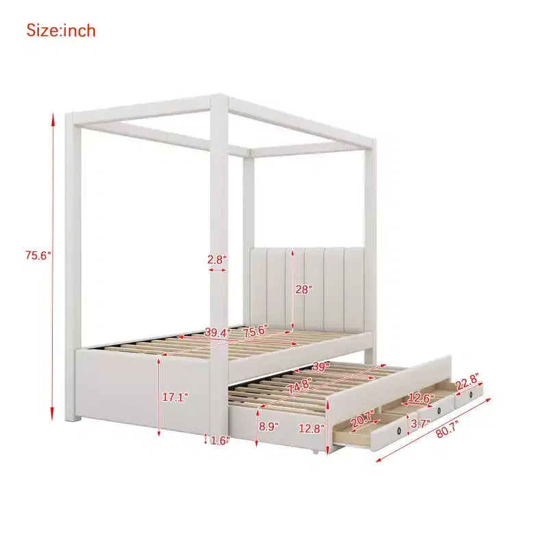 Polsterbett mit Himmelgestell in Full Size aus Leinen, mit Ausziehbett und drei Schubladen