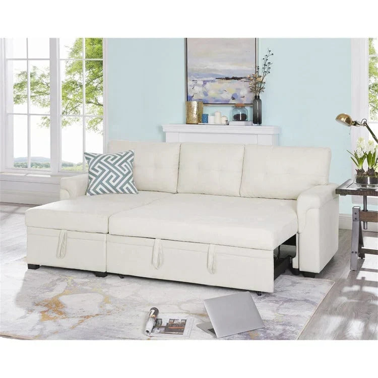 Canapé d’angle convertible et réversible avec lit escamotable, méridienne avec rangement dissimulé et pieds robustes