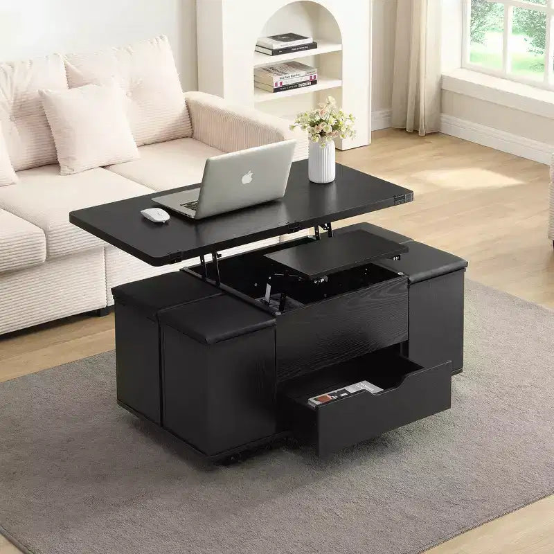 Multifunktionaler moderner Couchtisch mit Hubplatte und verstecktem Stauraum, 4 Hockern und Rollen, perfekt für moderne Wohnräume