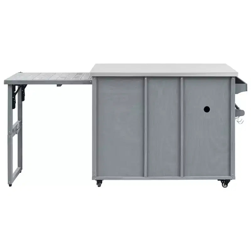 FAMYYT buitenkeukeneiland van 78.3 inch met roestvrijstalen werkblad, inklapbaar BBQ-station en opbergkasten, grijsblauw