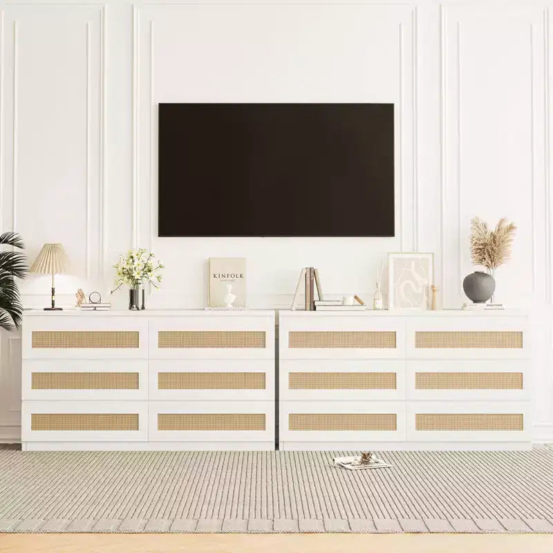 Rattan-Kommode fürs Schlafzimmer mit 6 Schubladen, 47 breite Kommode im modernen Landhausstil, Holz-Aufbewahrungsschrank und Organizer für Kleiderschrank, Wohnzimmer und Flur