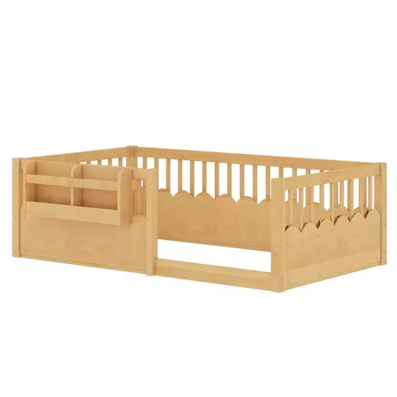 Bellemave-Kinderbodenbett mit erhöhtem Rausfallschutz und Bücherregal, hölzernes Montessori-Einzelbettgestell für Mädchen und Jungen