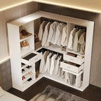 Armoire d’angle avec 2 tringles à vêtements, porte-pantalons et rangement à chaussures