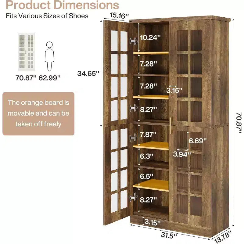 Hoge schoenenkast van Lantine met deuren, schoenenopbergruimte met 8 niveaus en verstelbare planken, moderne schoenenkast voor hal, kledingkast of woonkamer, wit