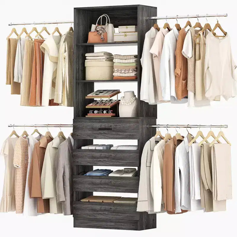 Besiost-Schrankorganisationssystem aus Holz, 4-9 Ft, mit 4 Schubladen, 4 Kleiderstangen und Regaltürmen