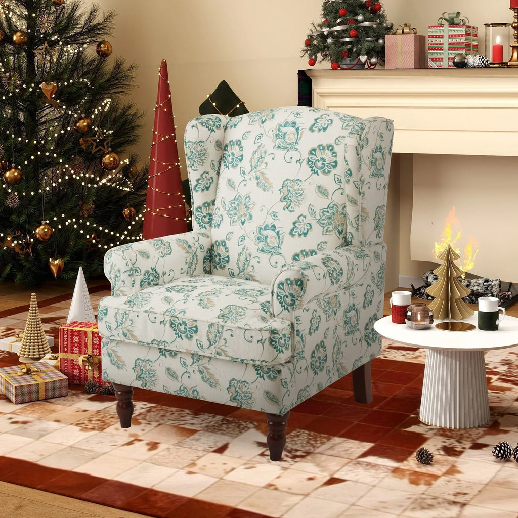 Erommy moderne fauteuil, fauteuil met hoge rugleuning, gestoffeerde eenzitsbank met knopen en houten poten voor de woonkamer
