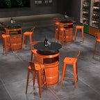 Tables de bar industrielles en métal noir et orange, en forme de fût, avec rangement