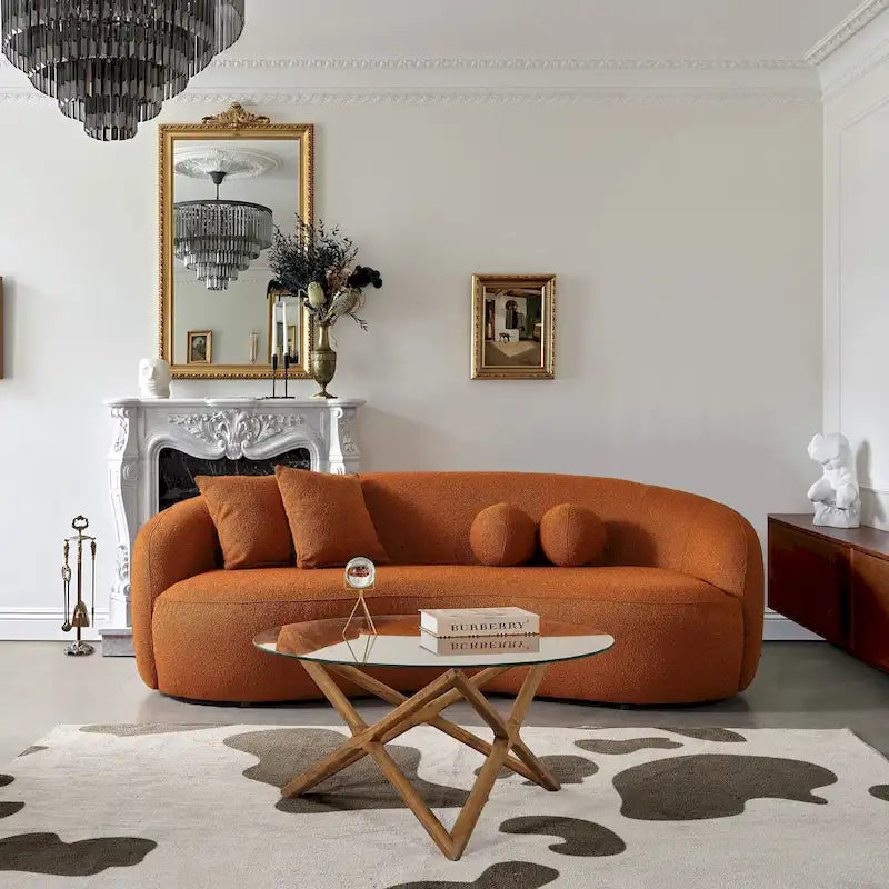 Blaine luxe, moderne gebogen bank van boucléstof in Japandi-stijl