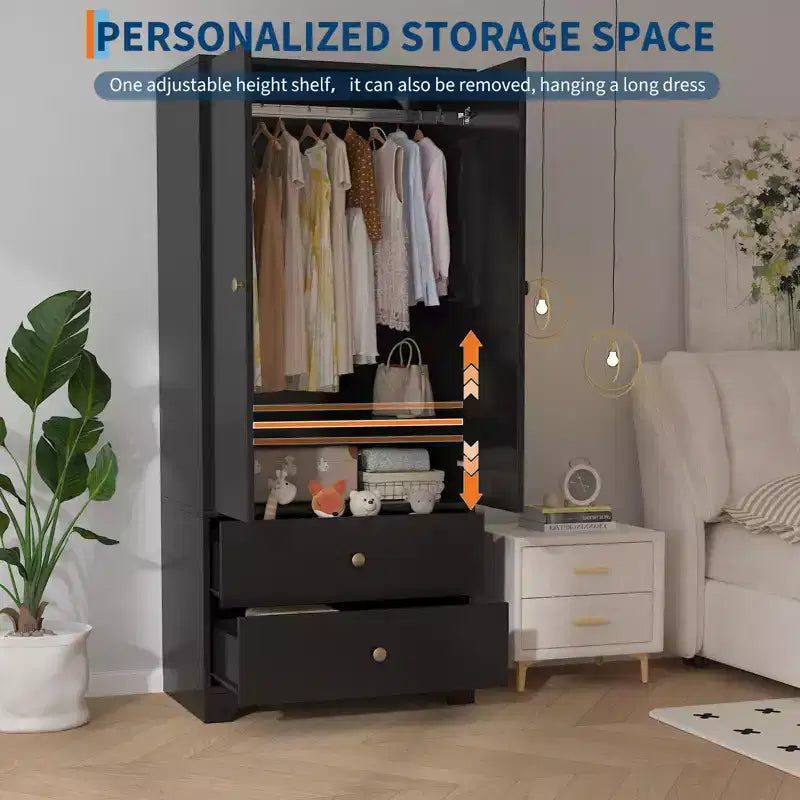 Moderne houten kledingkast van 71 inch voor de slaapkamer, met 2 deuren, 2 laden, verstelbare planken, opbergkast voor kleding en kledingroede