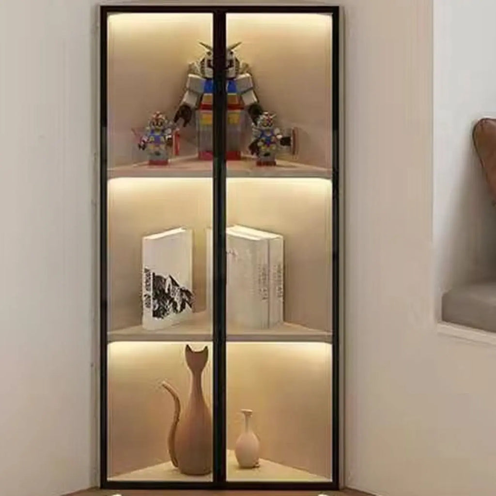 Vitrine d'angle moderne en métal et bois gris avec porte vitrée