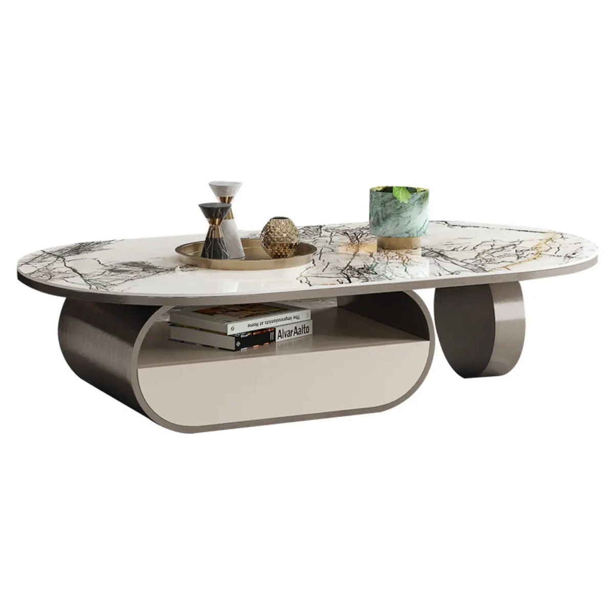 Eigentijdse, unieke ovale salontafel met marmeren blad en lade