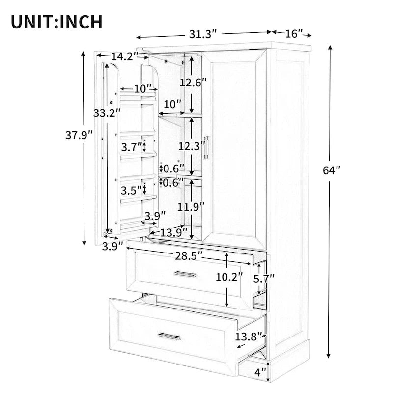 Hoher Badezimmerschrank mit zwei Türen und Schubladen, verstellbarem Einlegeboden und MDF-Platte