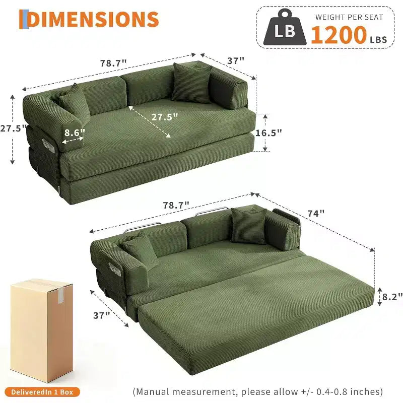 Rozkładana sofa 5 w 1, modułowa sofa do spania z sztruksu o szerokości 78.8 i solidnym stelażu, wielofunkcyjny futon do małych pomieszczeń, salonu i pokoju gościnnego