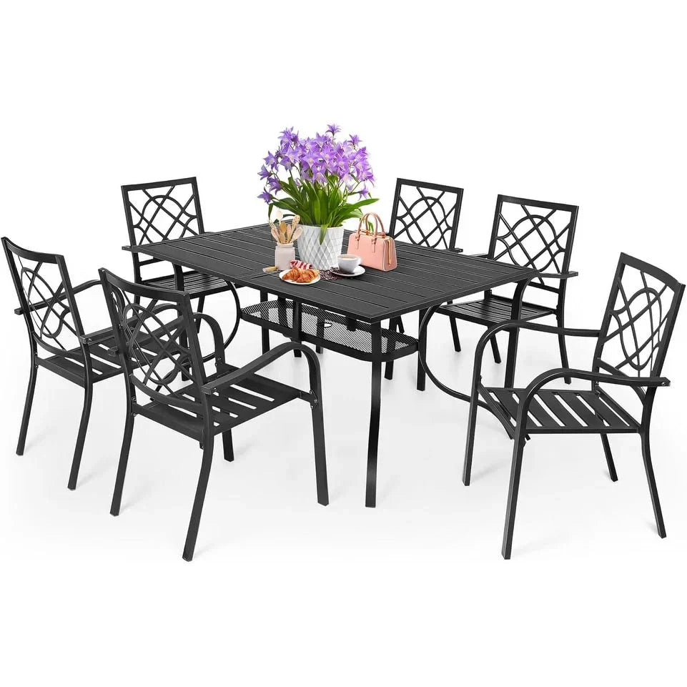 SUNCROWN 5-/7-teiliges Esstischset aus Stahl für die Terrasse, Metalltisch mit Lamellen und stapelbare Stühle, pulverbeschichtetes Gestell