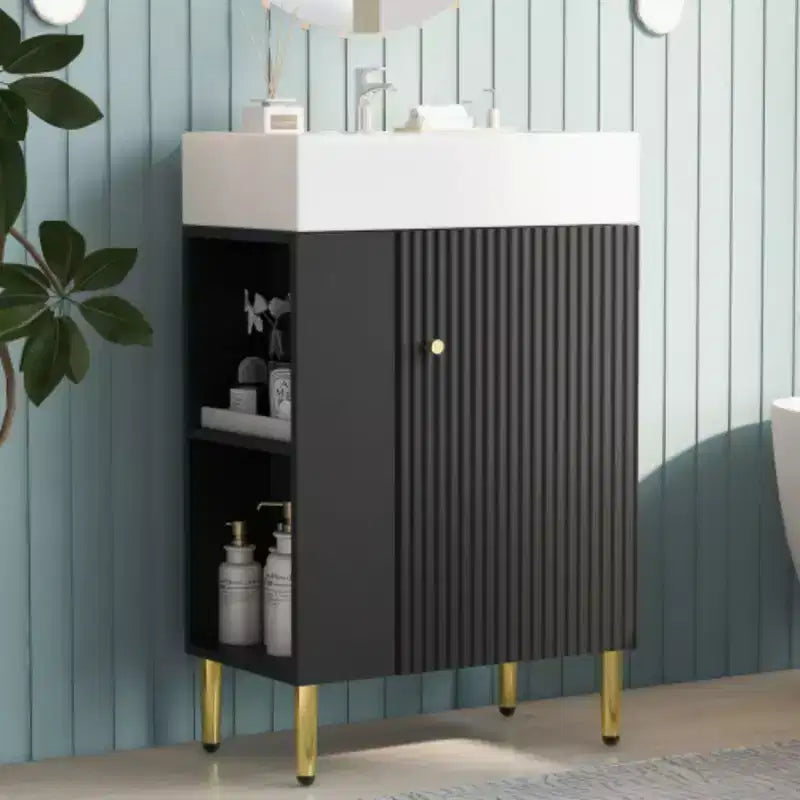 Witte badkamermeubelcombinatie van 21.6, opbergkast voor de badkamer, enkele keramische wastafel, opbergruimte aan de linkerkant