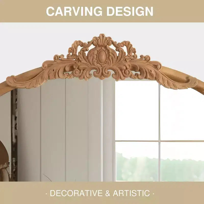 Miroir mural de 37 in. W x 71 in. H avec cadre en bois à arche classique sculptée et partie inférieure en rotin, marron
