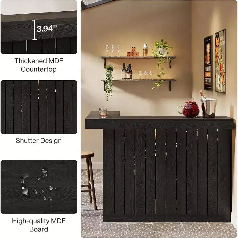 Lantine L-vormige thuisbar, hoekbartafel met 4 niveaus, opbergplanken en wijnglashouder voor thuisbar