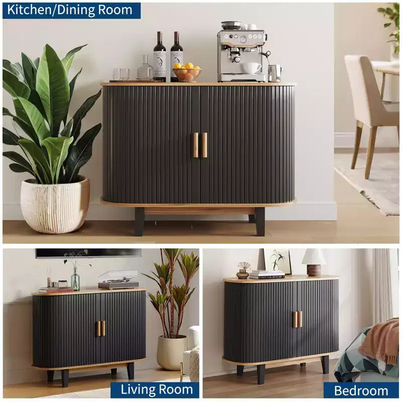 40' geripptes Sideboard, Stauraumschrank mit Schiebetür und verstellbarem Einlegeboden, moderne Anrichte, Stauraumschränke, Rolltür-Bartisch