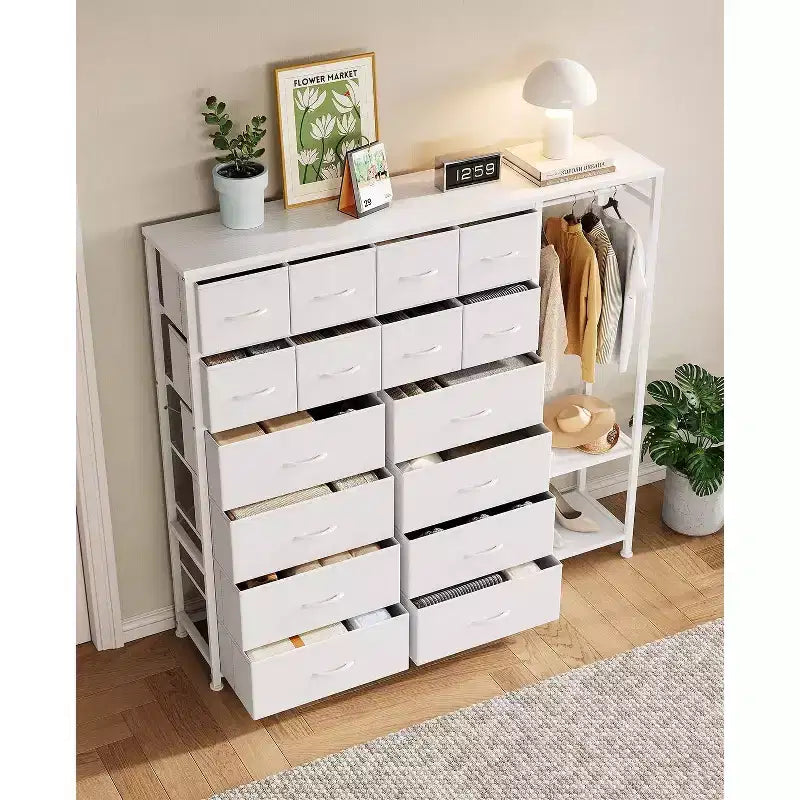 Kommode mit 16 Schubladen, Kleiderstange und Regalen, Stoff-Aufbewahrungsorganizer für Schlafzimmer, Kleiderschrank oder Eingangsbereich
