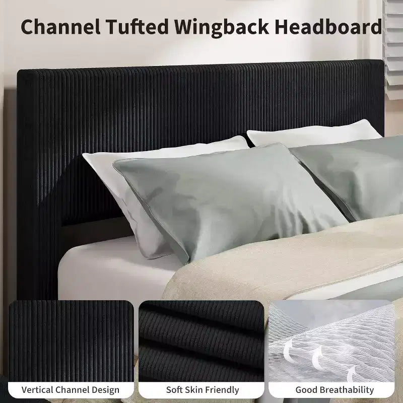 CuisinSmart bedframe van ribfluweel met hoofdbord, gestoffeerd platformbedframe met 4 opbergladen en houten lattenbodem