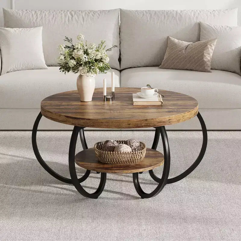 Runder Couchtisch im Industrial-Stil, 30 Inch, 2 Ablagen, verstellbare Füße, Ablage in Holzoptik, Flammendesign, einfacher Aufbau, Wohnzimmer