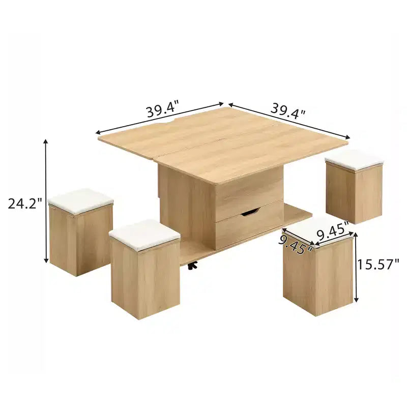 Multifunktionaler moderner Couchtisch mit Hubplatte und verstecktem Stauraum, 4 Hockern und Rollen, perfekt für moderne Wohnräume