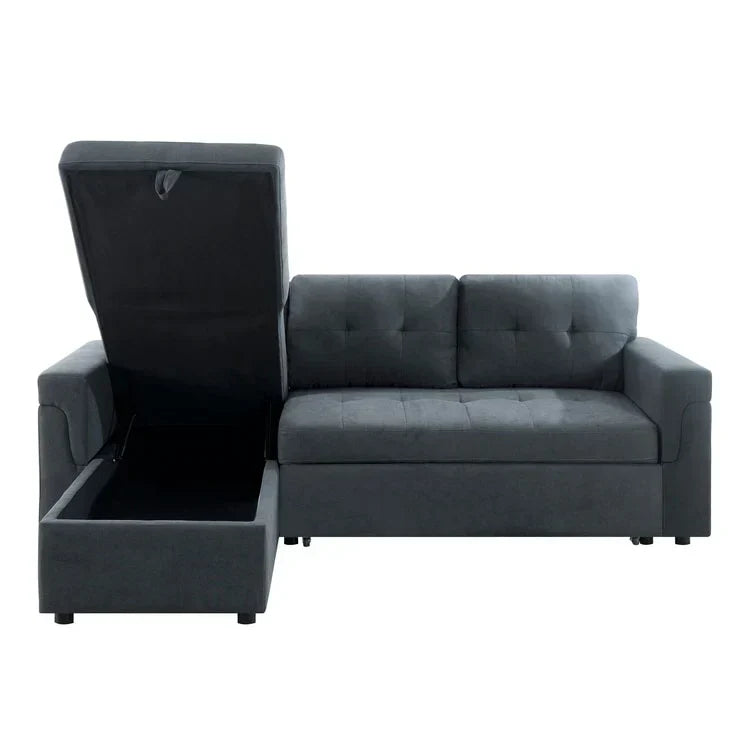 Canapé d’angle convertible et réversible avec lit escamotable, méridienne avec rangement dissimulé et pieds robustes