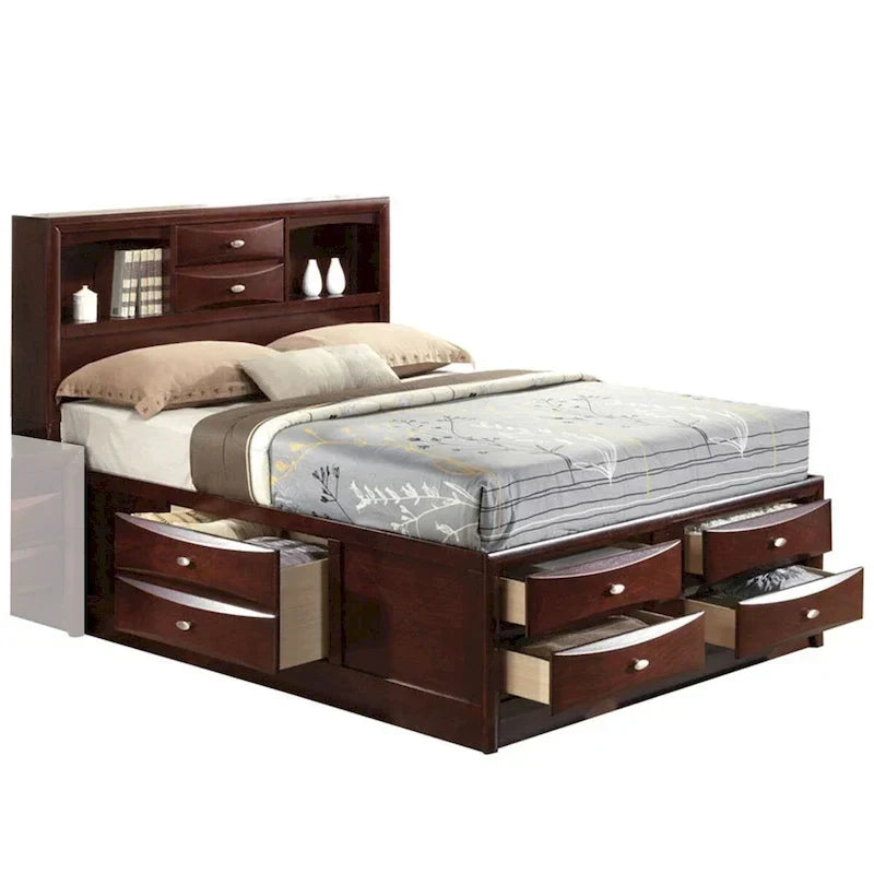 Bed met paneelontwerp, queensize, met boekenkast en lades, bruin