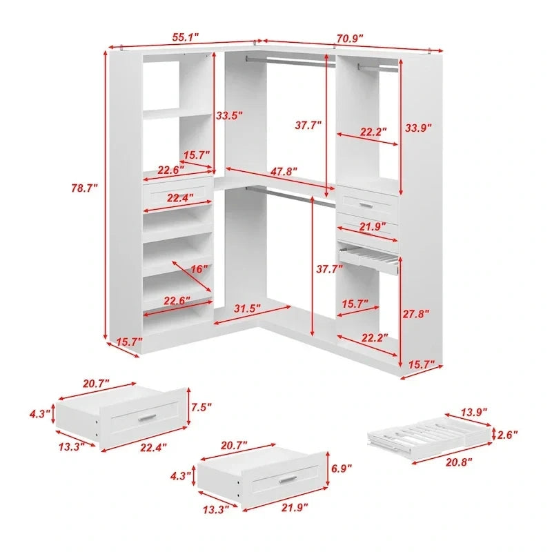 Armoire d’angle avec 2 tringles à vêtements, porte-pantalons et rangement à chaussures