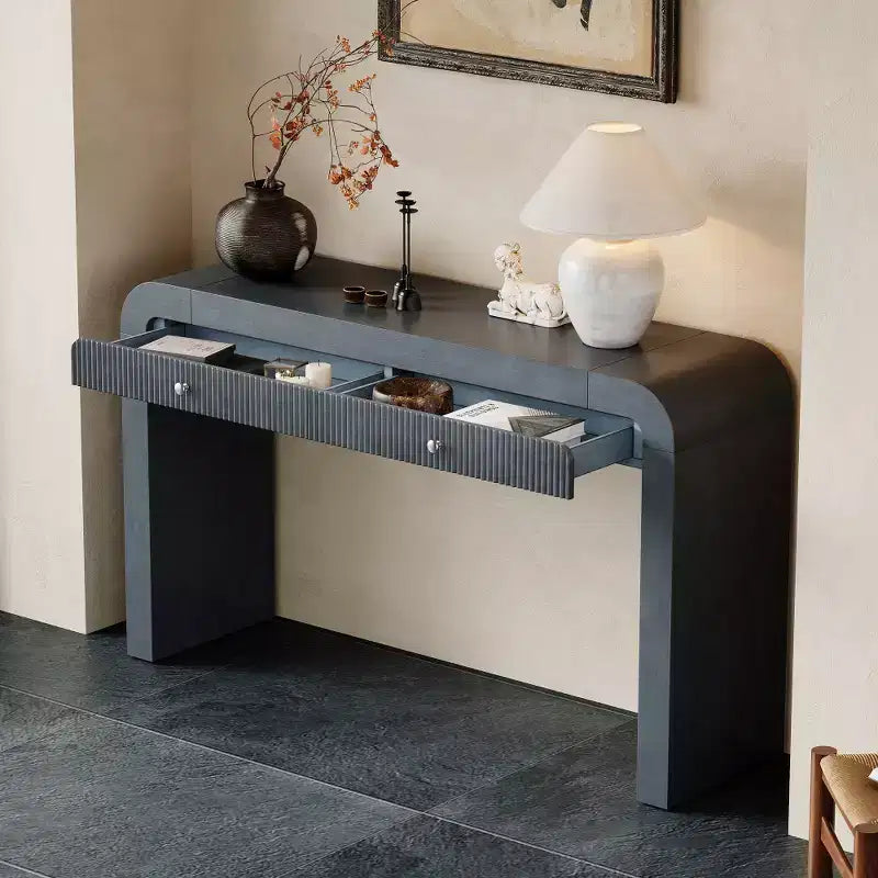 Console rustique Whisen, table d’entrée et table d’appoint avec façade de tiroir cannelée