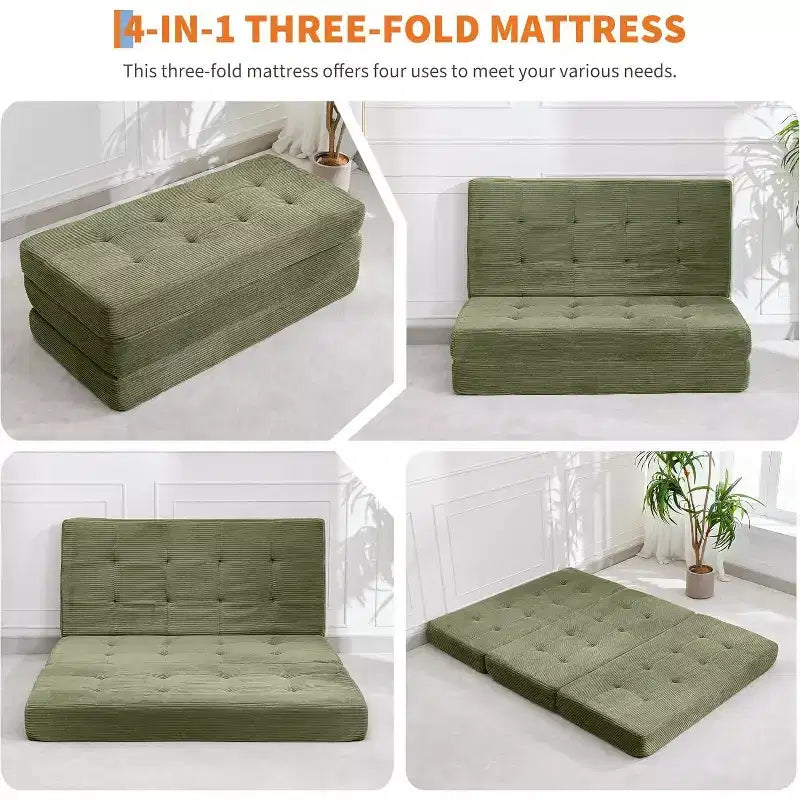 SunnyFurn drievoudig opvouwbaar matras en slaapbank van 6 Inch, opvouwbaar schuimrubberen logeerbed van 75X54.3 met geribde ribfluweelbekleding, draagbaar voor kamperen, woonkamer en slaapkamer