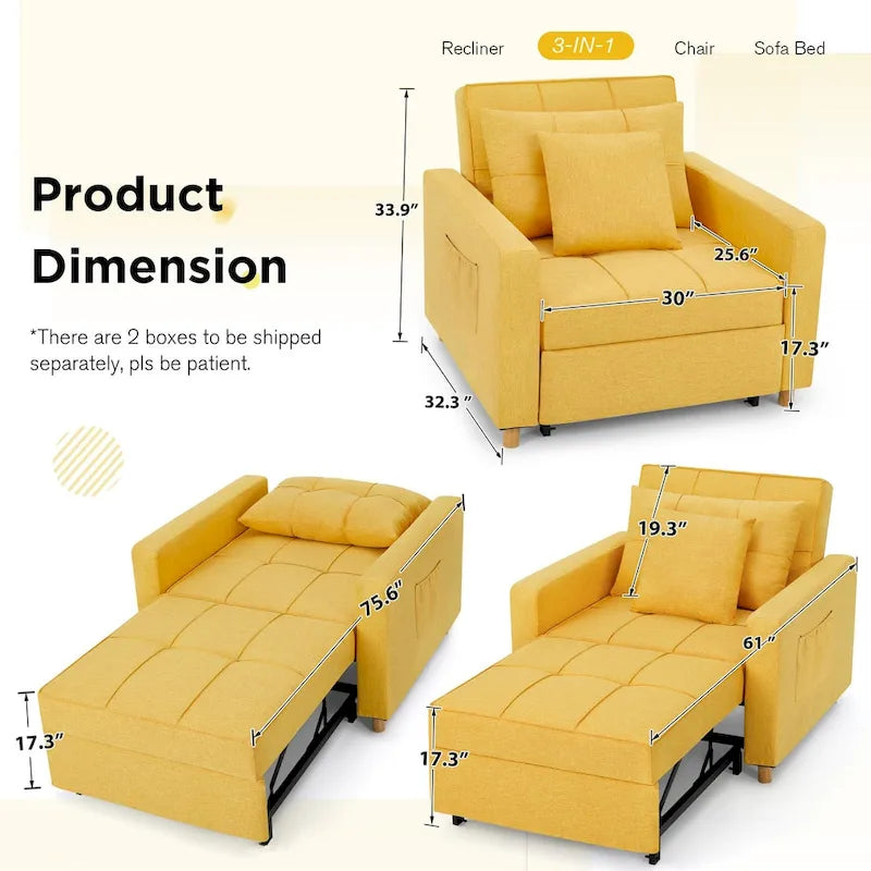 Fauteuil-lit réglable convertible 3-en-1, plusieurs couleurs, pour 1 personne