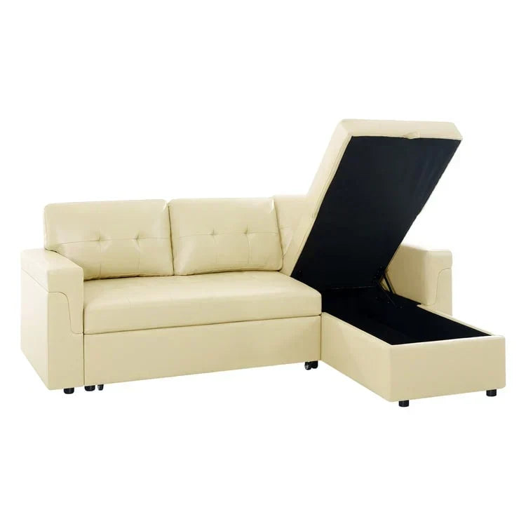 Canapé d’angle convertible et réversible avec lit escamotable, méridienne avec rangement dissimulé et pieds robustes