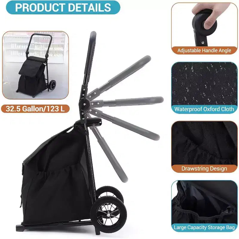 Acekool 2-in-1 klappbarer Transportwagen mit abnehmbarer wasserdichter Tasche, dickem Sitzpolster und verstellbarem rutschfestem Griff, Schwarz