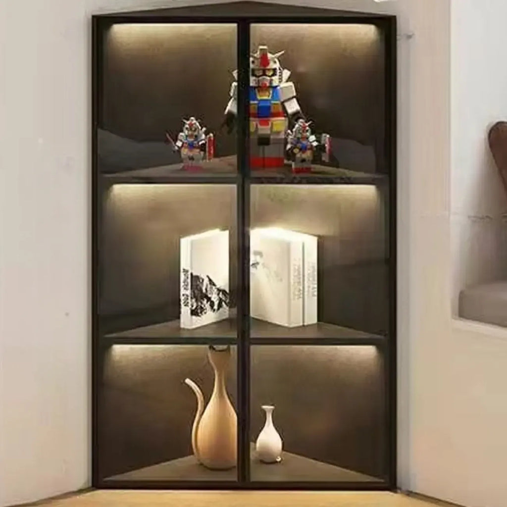 Vitrine d'angle moderne en métal et bois gris avec porte vitrée