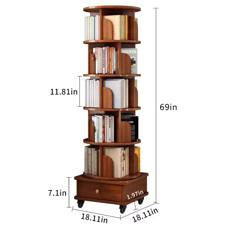 Chic Crate 6-stufiges, um 360° drehbares Eckbücherregal mit Rollen, schmales Bücherregal für kleine Räume, walnussbraun