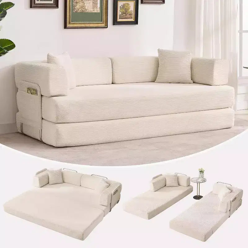 Rozkładana sofa 5 w 1, modułowa sofa do spania z sztruksu o szerokości 78.8 i solidnym stelażu, wielofunkcyjny futon do małych pomieszczeń, salonu i pokoju gościnnego