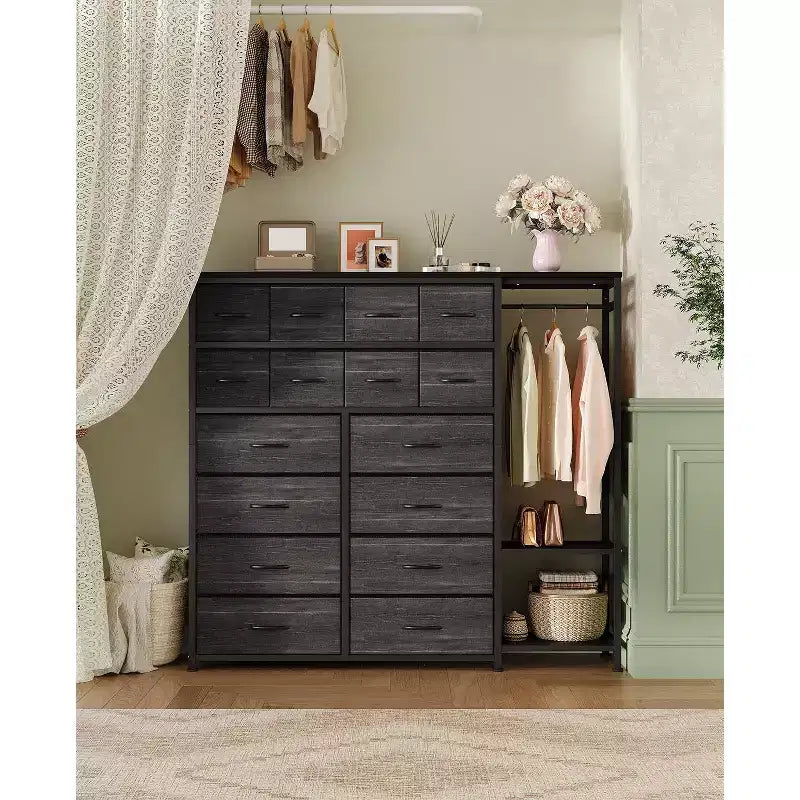 Kommode mit 16 Schubladen, Kleiderstange und Regalen, Stoff-Aufbewahrungsorganizer für Schlafzimmer, Kleiderschrank oder Eingangsbereich