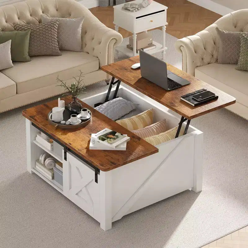 JIONJOY salontafel van 31.5 met hefblad en grote verborgen opbergruimte, verstelbare planken, vierkante boerderijstijl salontafel voor de woonkamer en kleine ruimtes