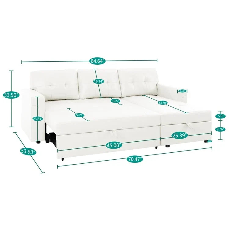 Canapé d’angle convertible et réversible avec lit escamotable, méridienne avec rangement dissimulé et pieds robustes