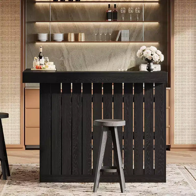 Lantine L-vormige thuisbar, hoekbartafel met 4 niveaus, opbergplanken en wijnglashouder voor thuisbar