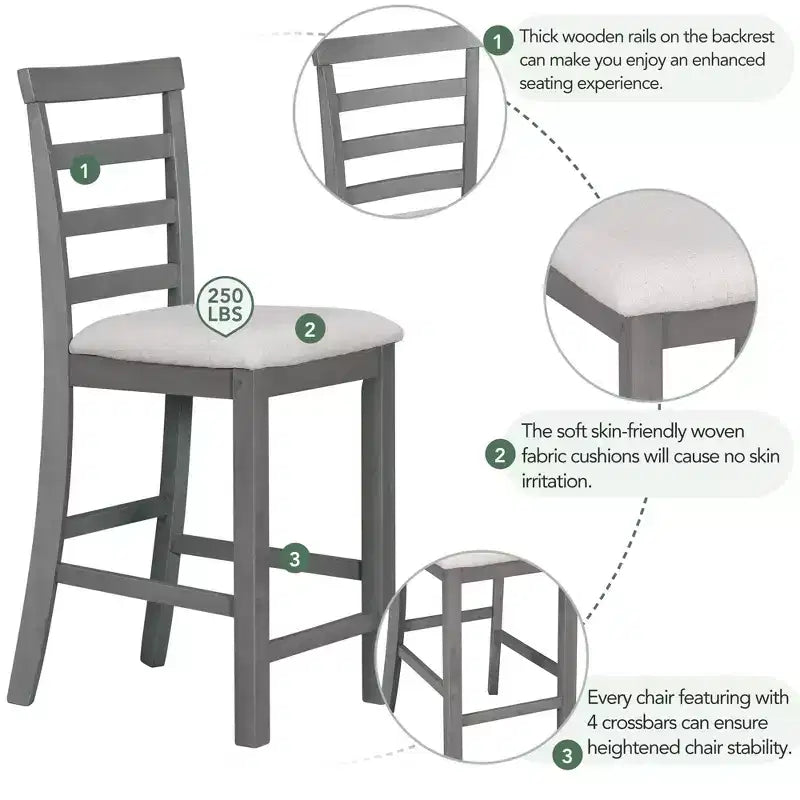 Eethoek in boerderijstijl met 5 delen en stoelen voor 4 personen op aanrechthoogte, rechthoekige houten tafel met opbergplanken en wijnvak