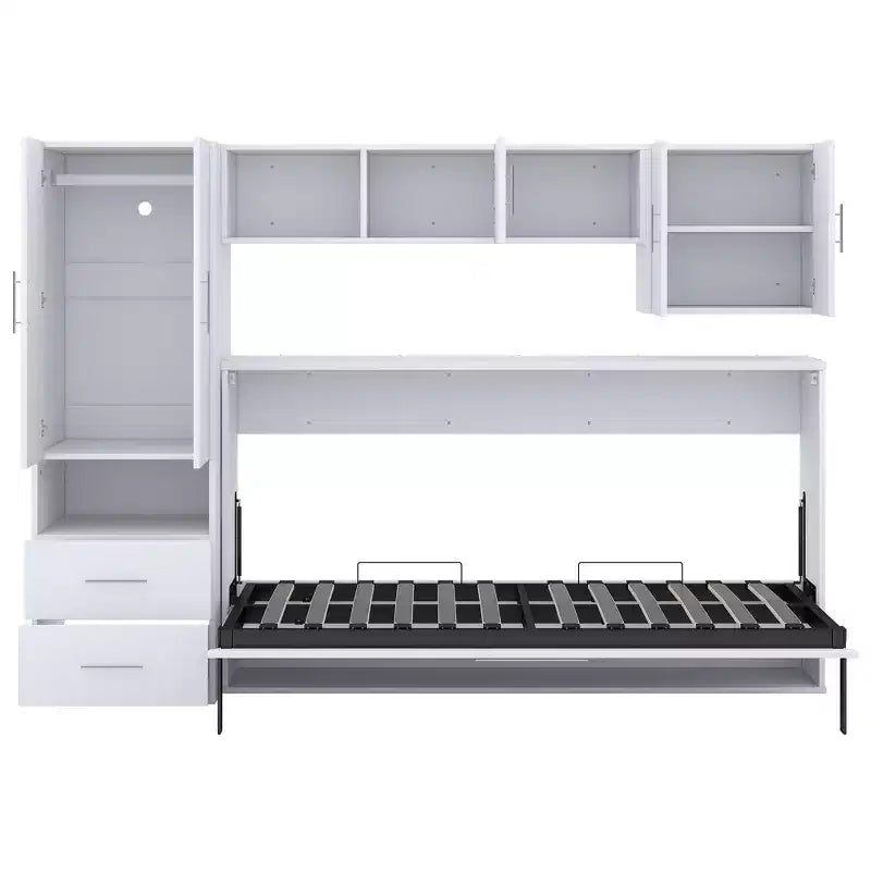 Opklapbedframe voor een eenpersoonsbed, houten kastbed met ingebouwde kledingkast, opberglades en open planken, wit -ModernLuxe