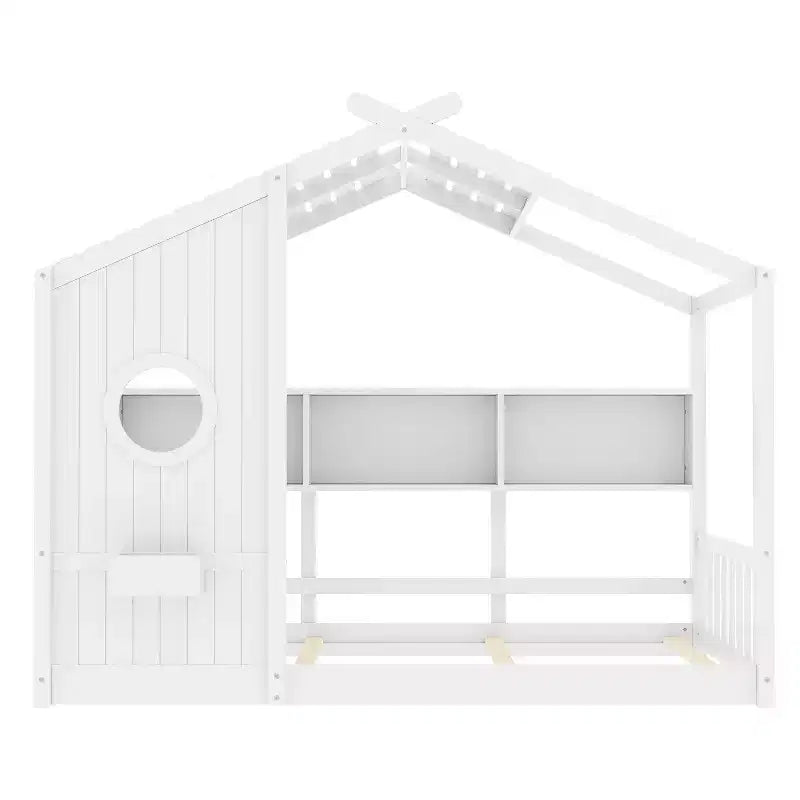 Eenpersoons-/tweepersoonsbed in huisvorm met platformbedframe, peuterbed op de vloer, Montessori-bed voor kinderen, speelhuisbed met opbergplank - ModernLuxe