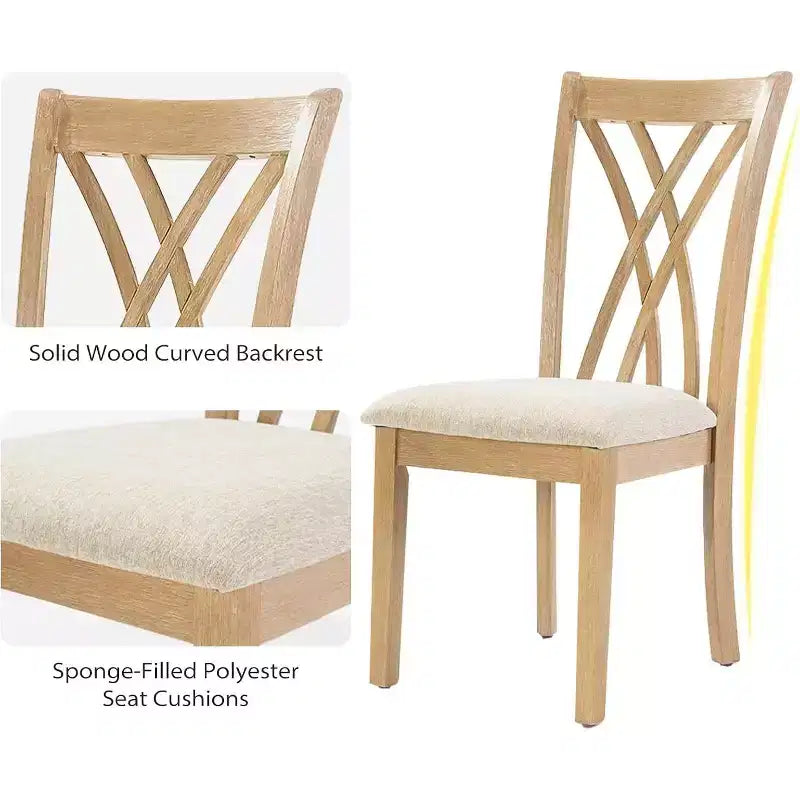 Zevemomo 7-delige eettafelset van massief hout met 6 gestoffeerde stoelen, ruimtebesparende eettafel met stoelen, voor de eetkamer of keuken, naturel houtkleur