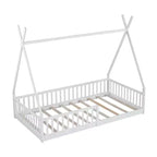 Floor Bed for Kids, Twin Size Tent Beds, Montessori Floor Bed with Slats and Fence Rails, Wood House Bed Frame for Boys Girls