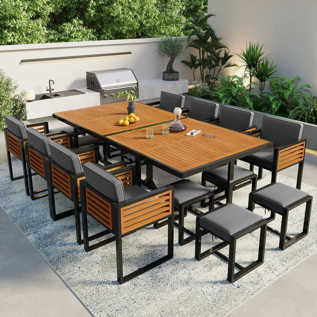 18-teiliges Garten-Esszimmer-Set aus Akazienholz, 8 gepolsterte Stühle, 8 Hocker und 2 quadratische Tische