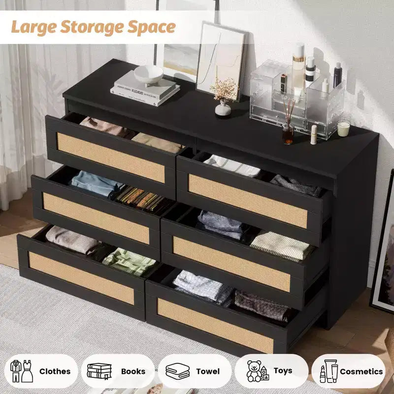 Rattan-Kommode fürs Schlafzimmer mit 6 Schubladen, 47 breite Kommode im modernen Landhausstil, Holz-Aufbewahrungsschrank und Organizer für Kleiderschrank, Wohnzimmer und Flur